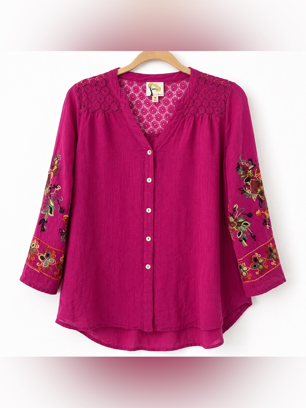 Fig & Flower Embroidered Boho Button Front Blouse Pink Size M peasant lace